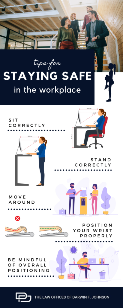 Infographic with image of four coworkers at the top, followed by tips for staying safe in the workplace with illustrations for each tip.