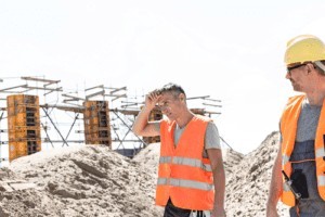 Two construction workers wearing orange safety vests and helmets stand at a construction site with scaffolding and sand piles in the background.