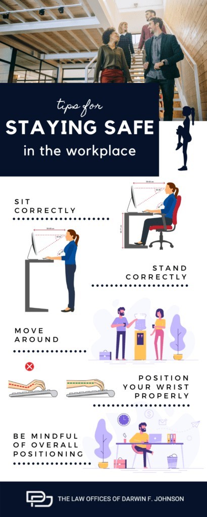 Infographic with tips for workplace safety: sit and stand correctly, move around, position wrists properly, and be mindful of posture.