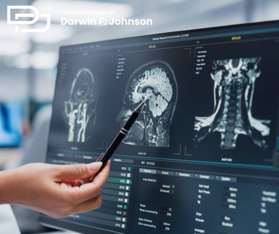 A hand points with a pen at brain and neck MRI scans displayed on a computer monitor in a medical office.