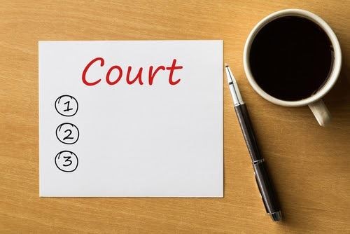 A white paper labeled "Court" with a numbered checklist, a black pen, and a cup of coffee on a wooden desk.