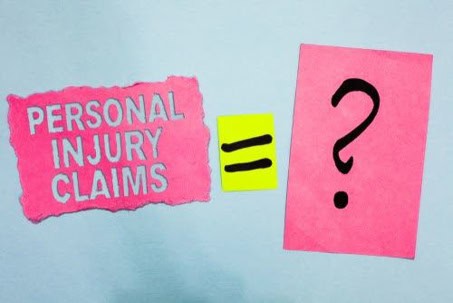 Text "Personal Injury Claims" next to an equals sign and a question mark on colored paper, suggesting uncertainty regarding the outcome of personal injury claims.
