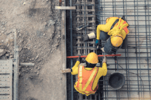 Two construction workers in yellow helmets and reflective vests work on rebar and concrete at a building site, viewed from above.