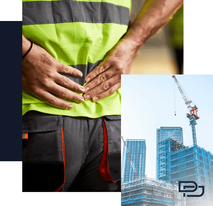A construction worker holds his lower back in pain; nearby, a high-rise building is under construction with cranes in the background.