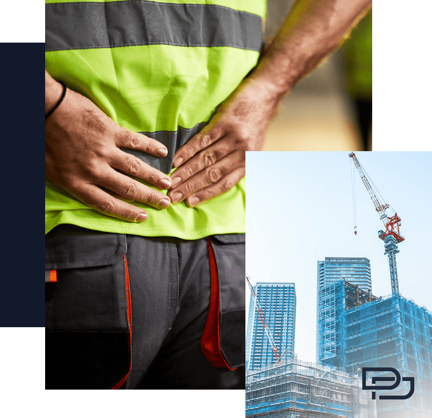 Construction worker holding lower back in apparent discomfort; overlay image shows cranes and buildings at a construction site.
