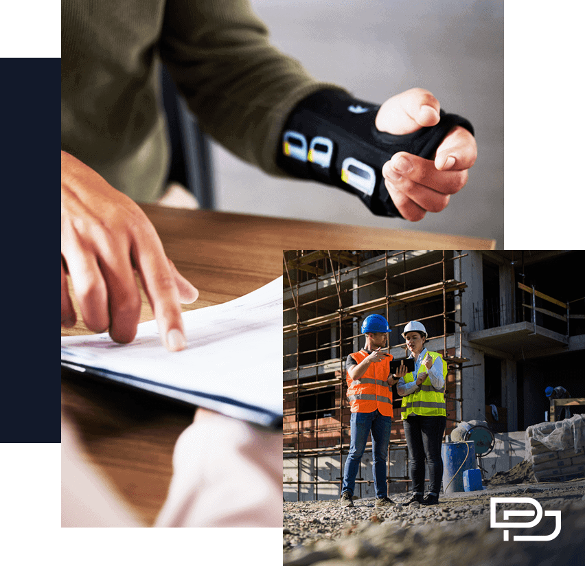 A person with a wrist brace, a hand pointing at documents, and two construction workers in safety gear talking at a building site.
