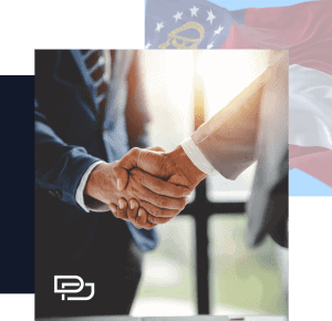 Two people in business attire shaking hands in front of a window, with part of a flag and a white logo visible in the image corners.