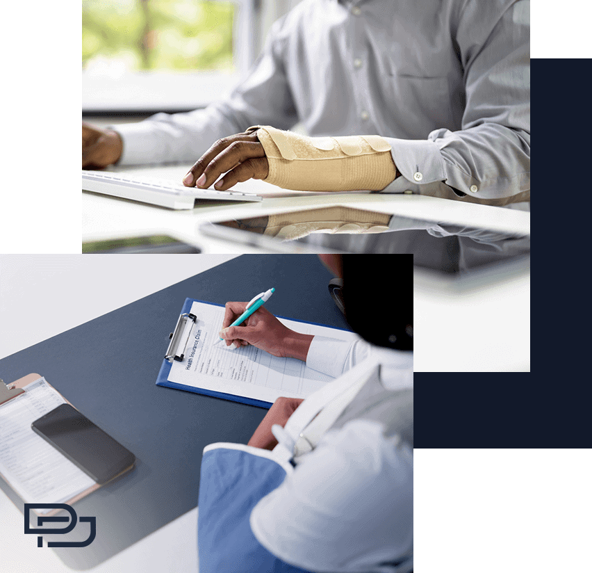 A person with a wrist brace types on a keyboard; below, another person fills out a form on a clipboard next to a smartphone.