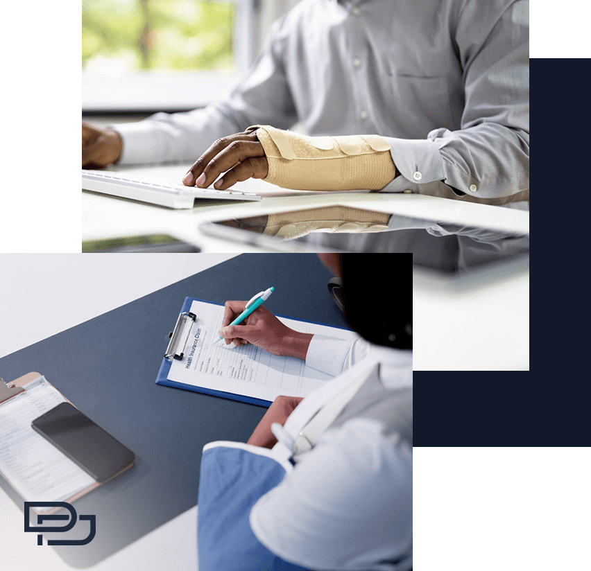 A person wearing a wrist brace types on a keyboard, while another person fills out a form on a clipboard at a desk.