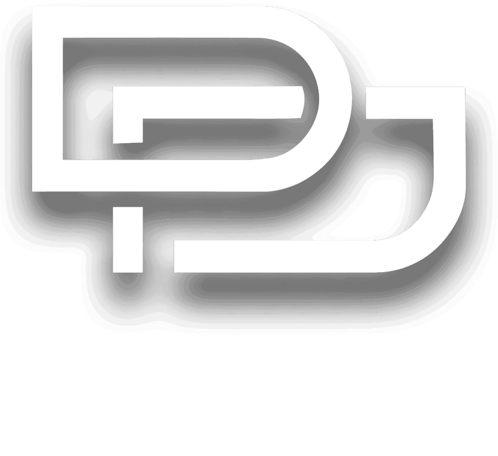 White stylized overlapping letters "P" and "J" with drop shadows on a light gray background.