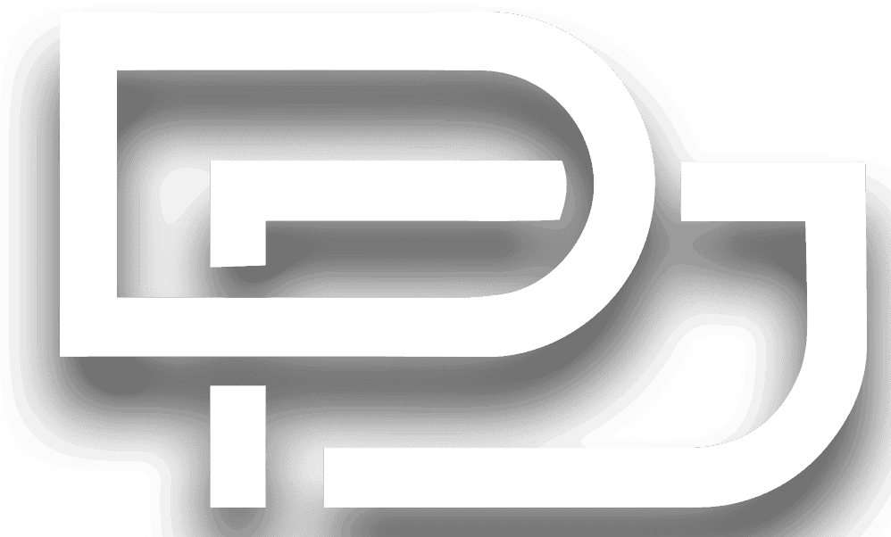 White stylized overlapping letters "P" and "J" with drop shadows on a light gray background.