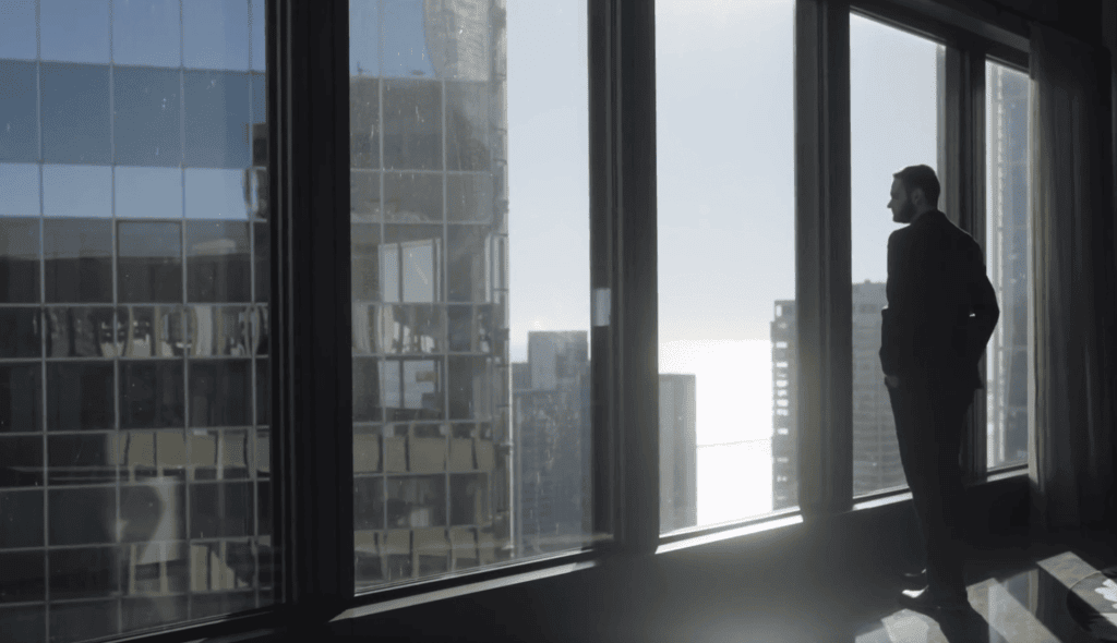 A man in a suit stands by large windows in a high-rise building, looking out at city skyscrapers and sunlight reflecting off distant buildings.