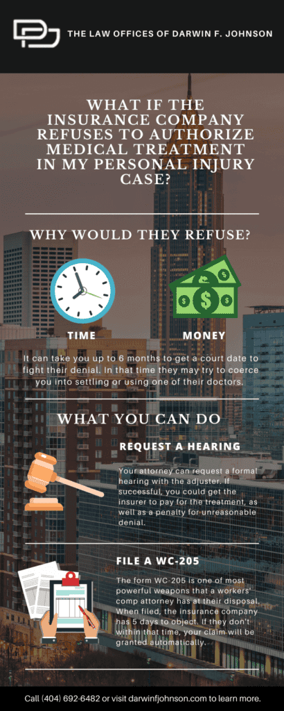 Infographic from The Law Offices of Darwin F. Johnson explains steps to take if insurance denies medical treatment in a personal injury case, detailing reasons and legal options.
