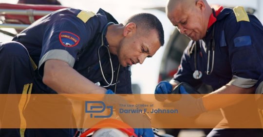 Two emergency medical responders in uniform attend to a patient outdoors, with medical equipment visible; text overlay promotes a law office.