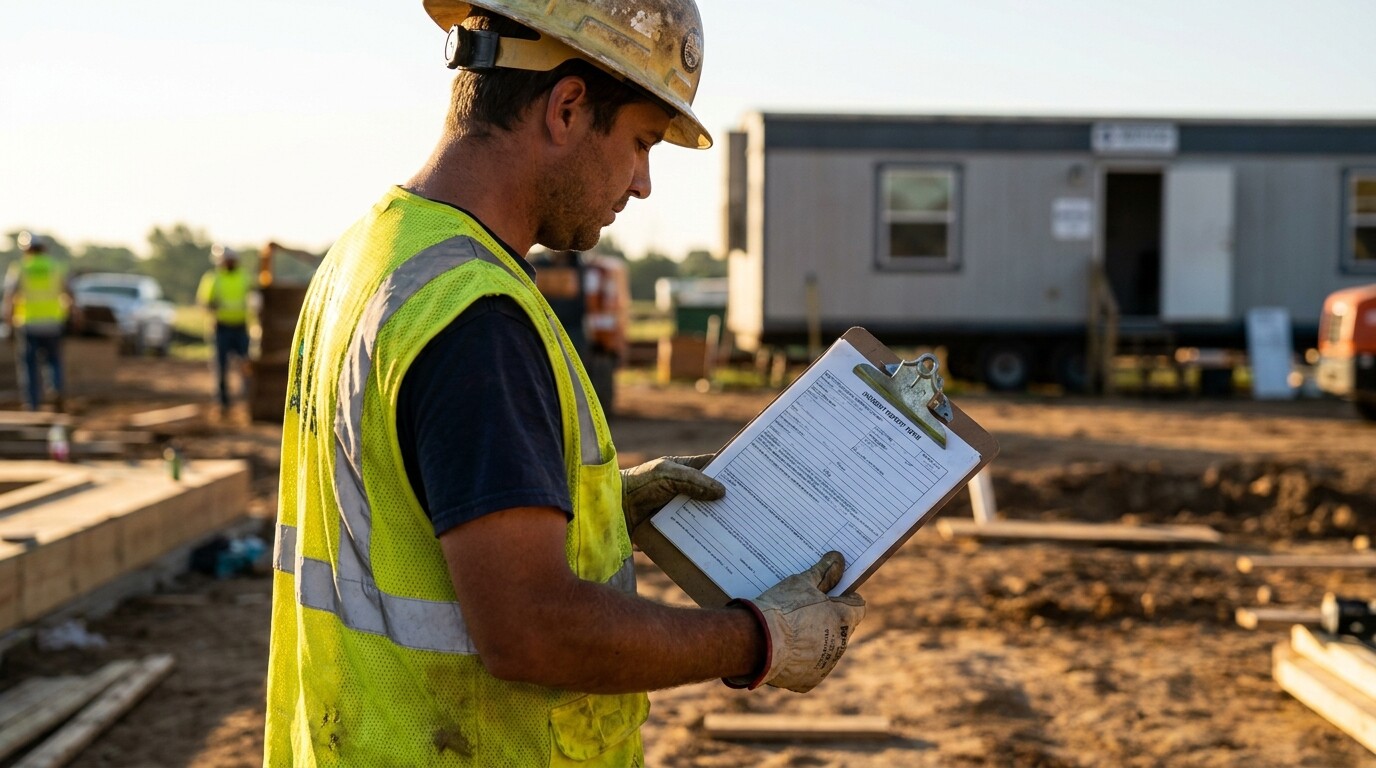 construction worker in hard hat and safety vest reviewing clipboard form on job site