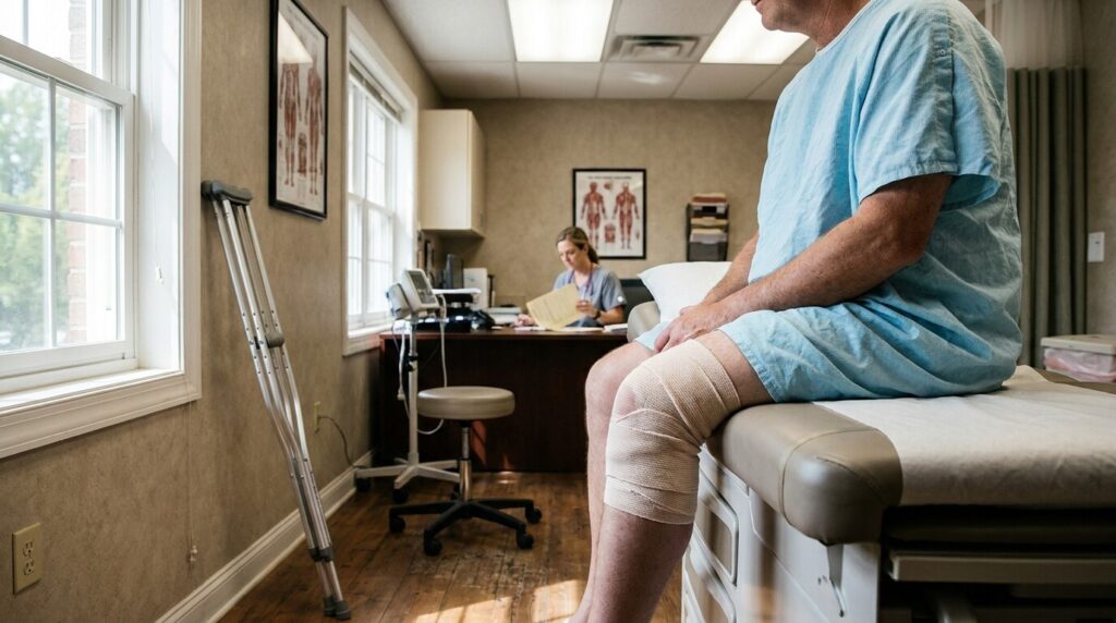 patient with bandaged knee on exam table as medical professional reviews file