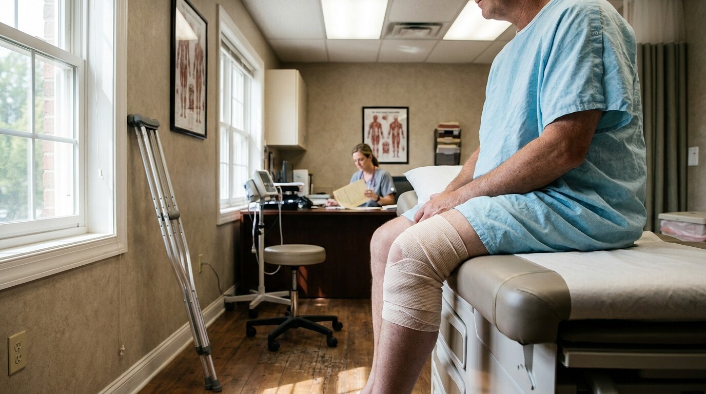 patient with bandaged knee on exam table as medical professional reviews file