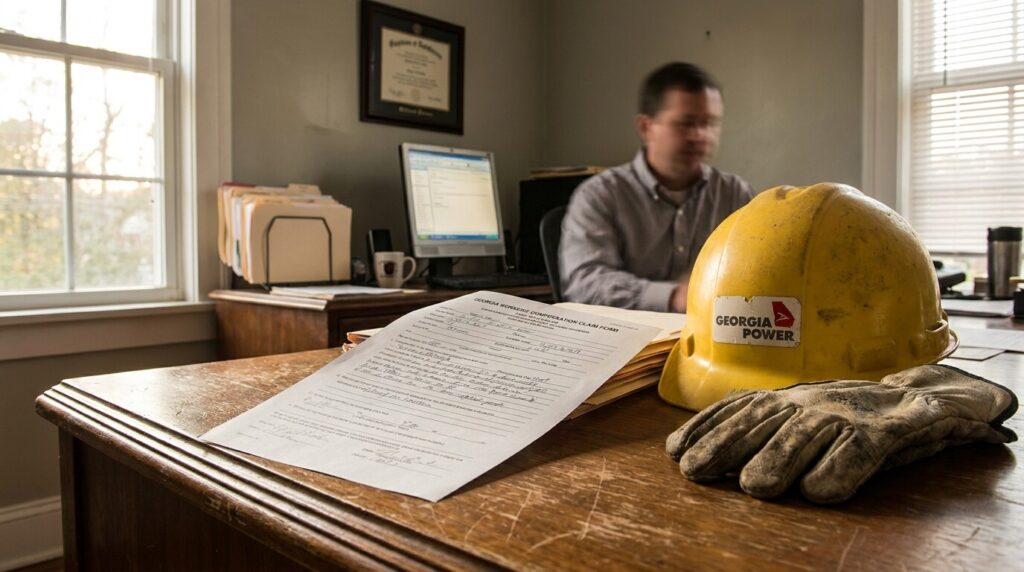 Georgia Power hard hat and work gloves beside Georgia Workers Compensation claim form on attorney desk