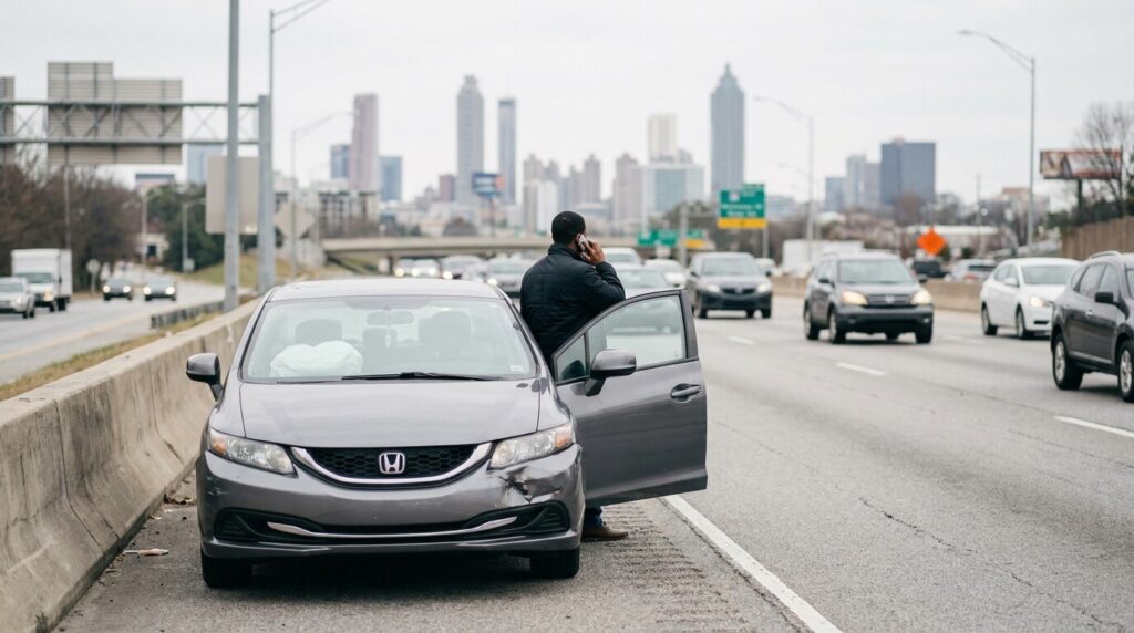 man on phone beside damaged Honda Civic stopped on busy highway shoulder
