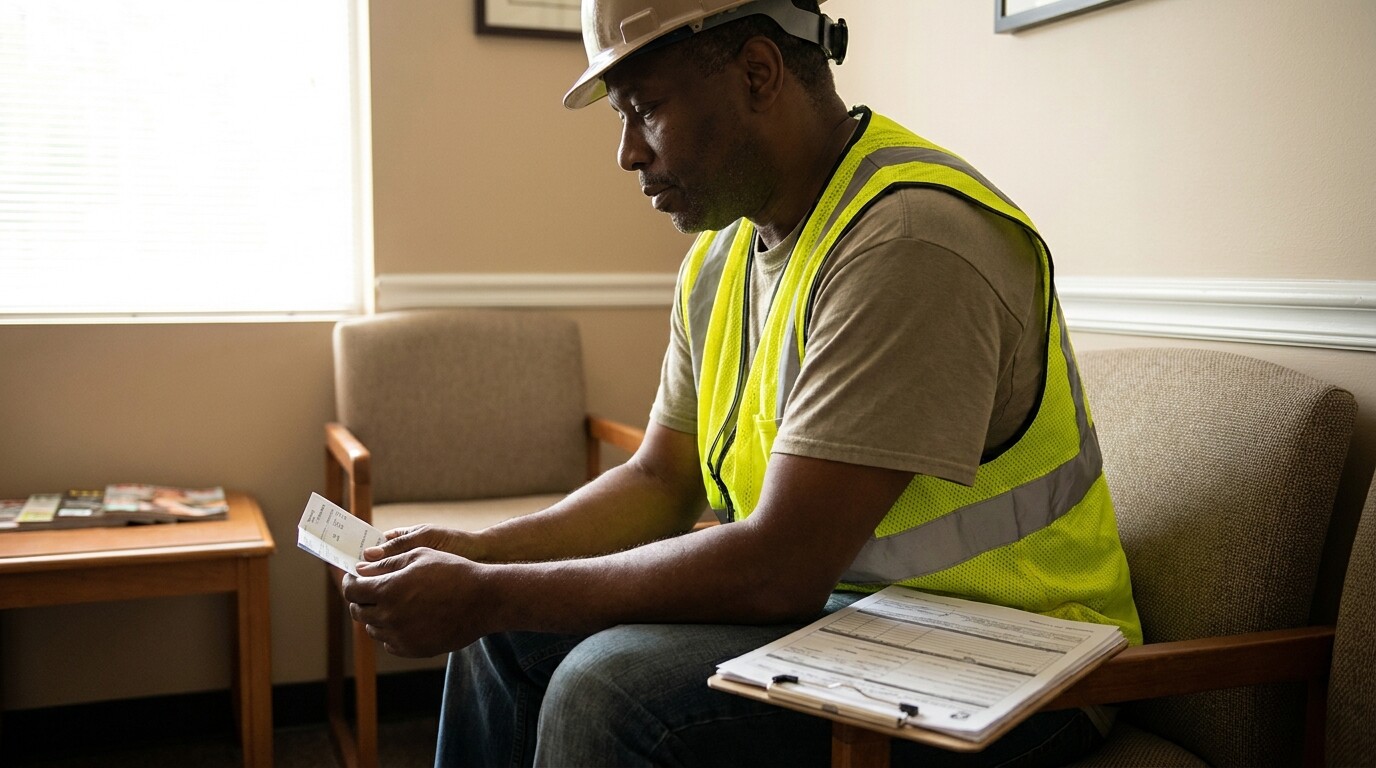 construction worker in hard hat and safety vest reviewing documents in waiting room