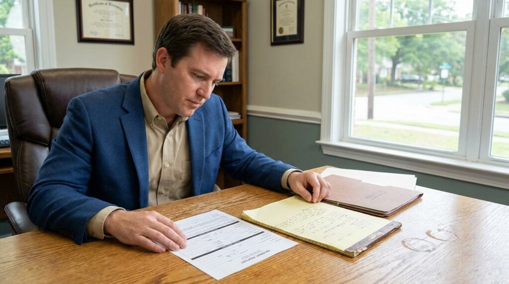 attorney reviewing legal documents and handwritten notes at office desk