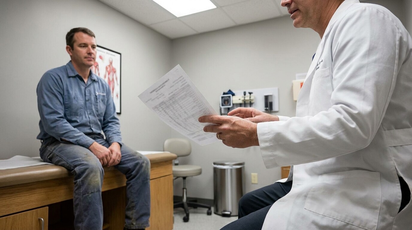 physician in lab coat reviewing medical document with patient in exam room