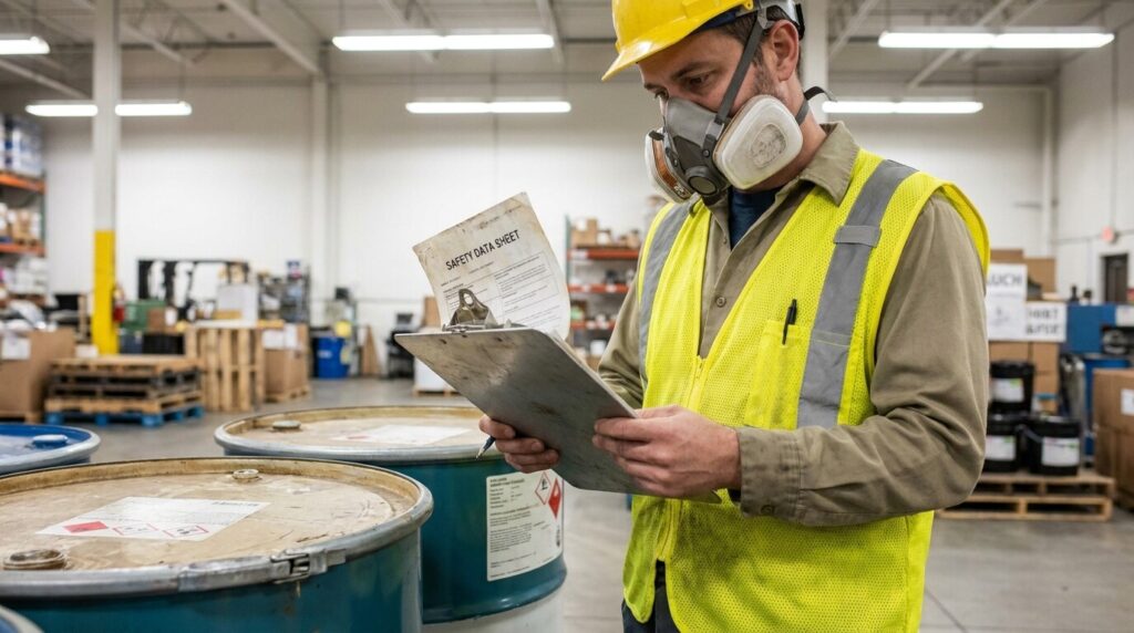 masked worker reviewing Safety Data Sheet clipboard near labeled hazardous chemical drums