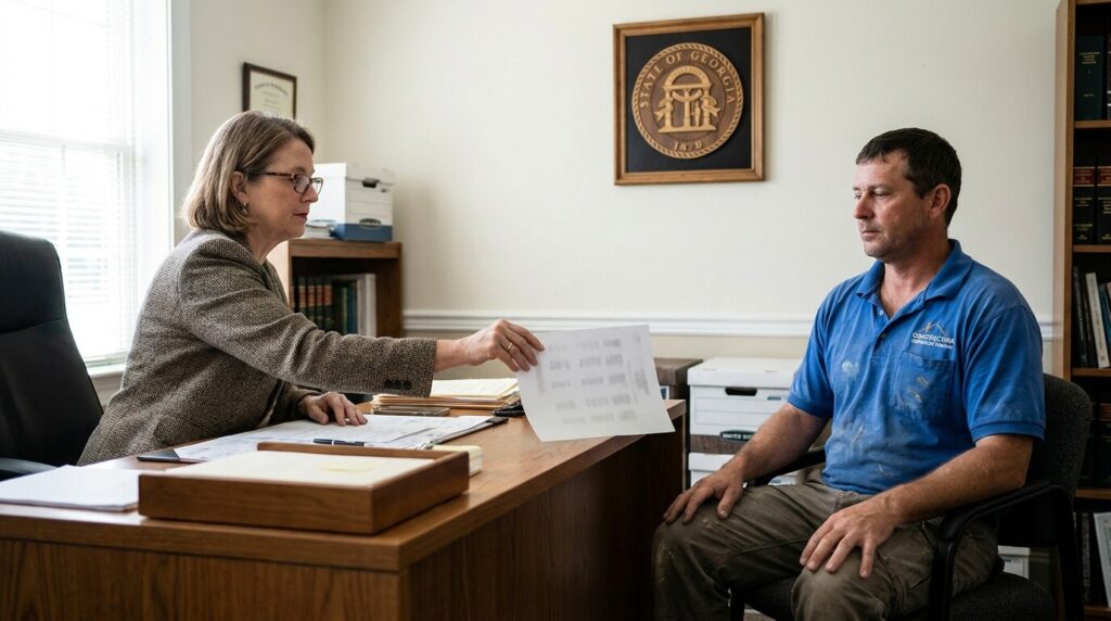 attorney presenting document to client in office with State of Georgia seal