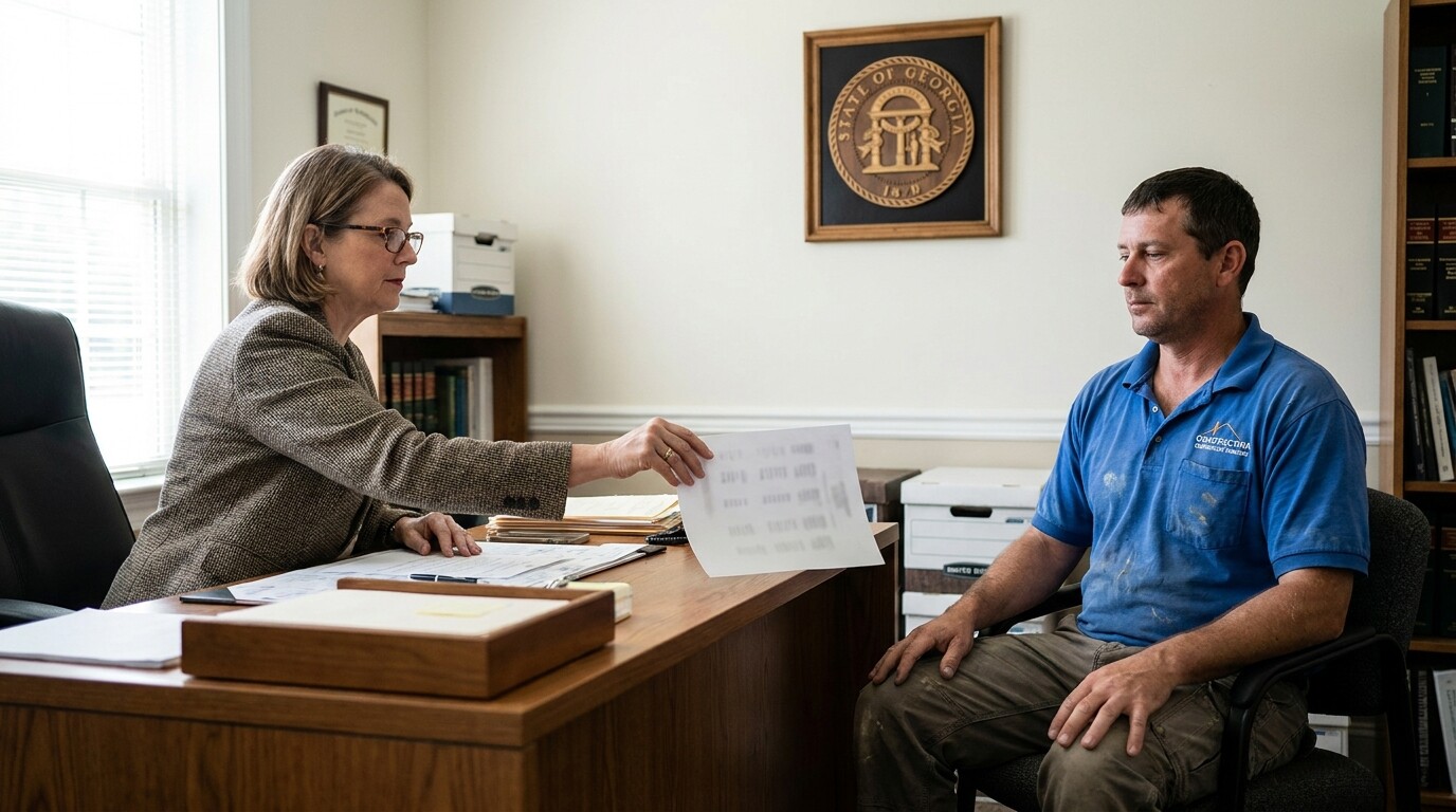 attorney presenting document to client in office with State of Georgia seal