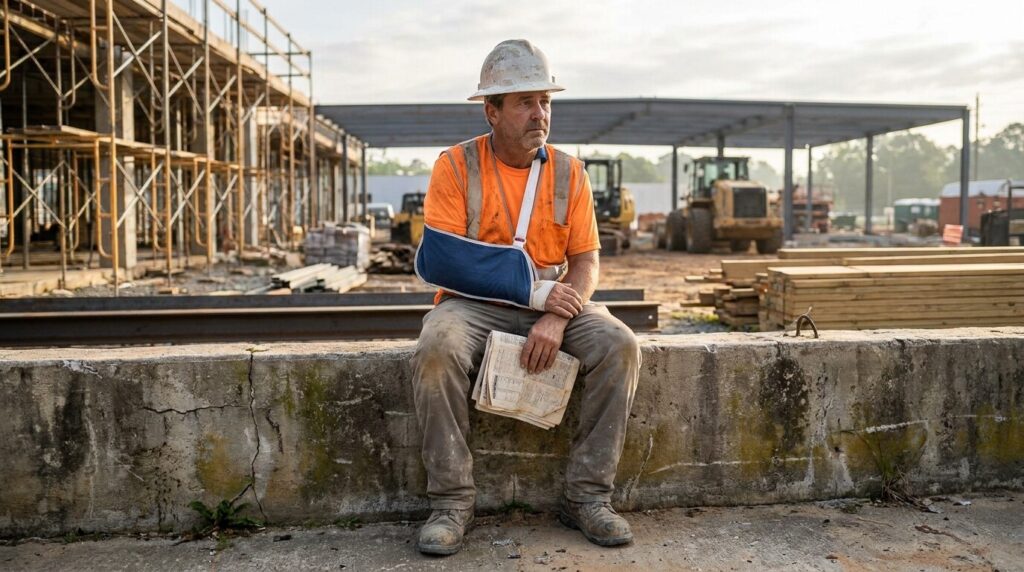 injured construction worker wearing arm sling sitting at job site holding documents