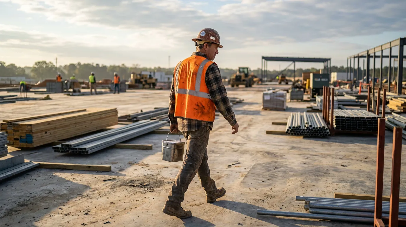 construction worker in hard hat and safety vest carrying bucket across job site