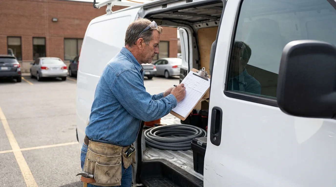 tradesman wearing tool belt writing on clipboard beside open work van