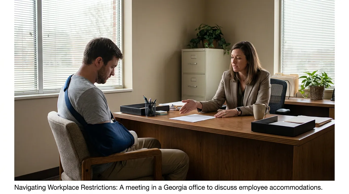 injured man wearing arm sling meeting with attorney in professional office