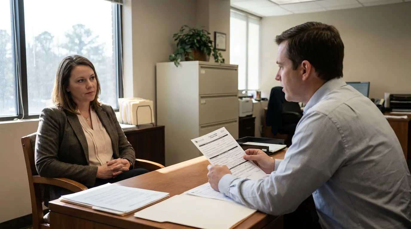 attorney holding legal form during client consultation across office desk