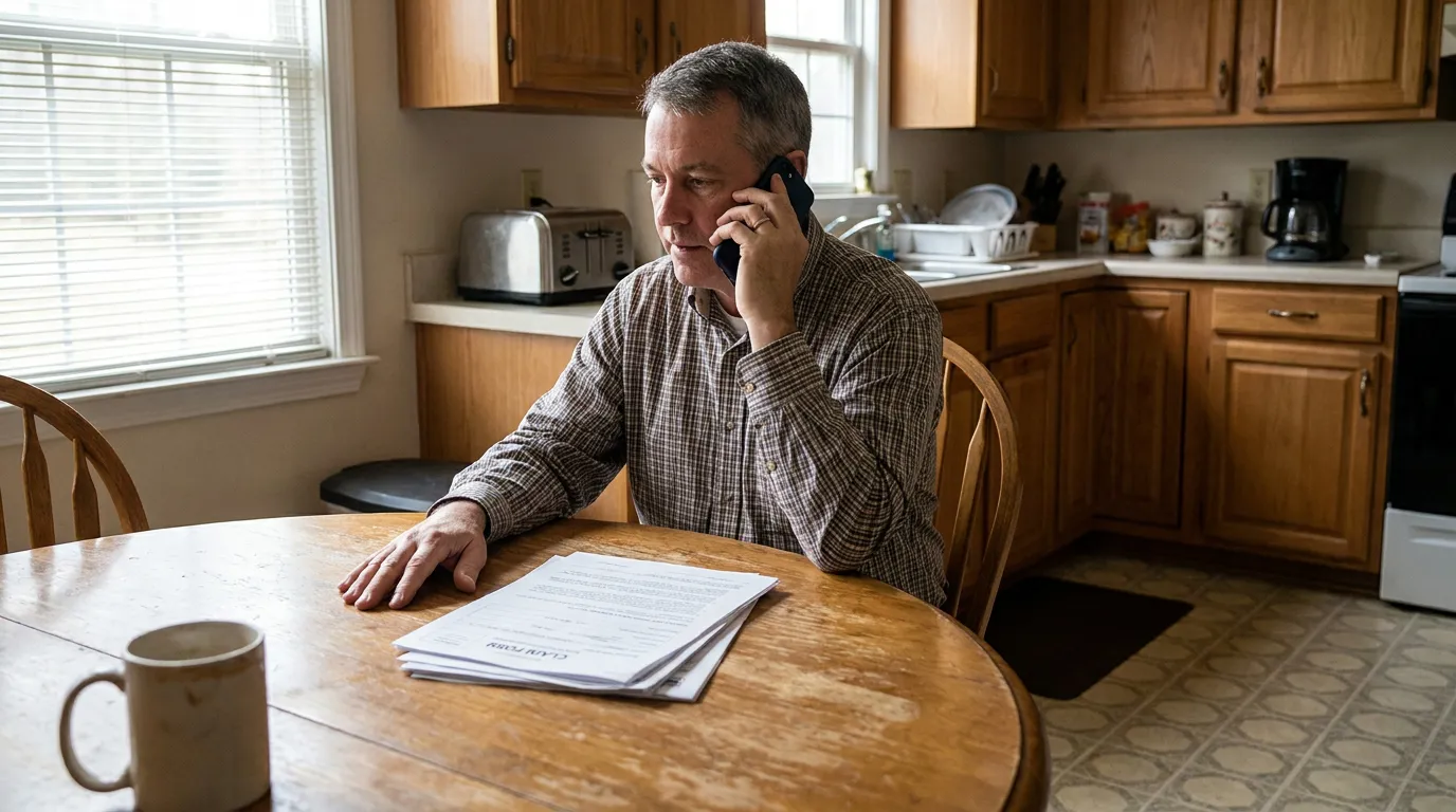 man on phone at kitchen table with claim form documents