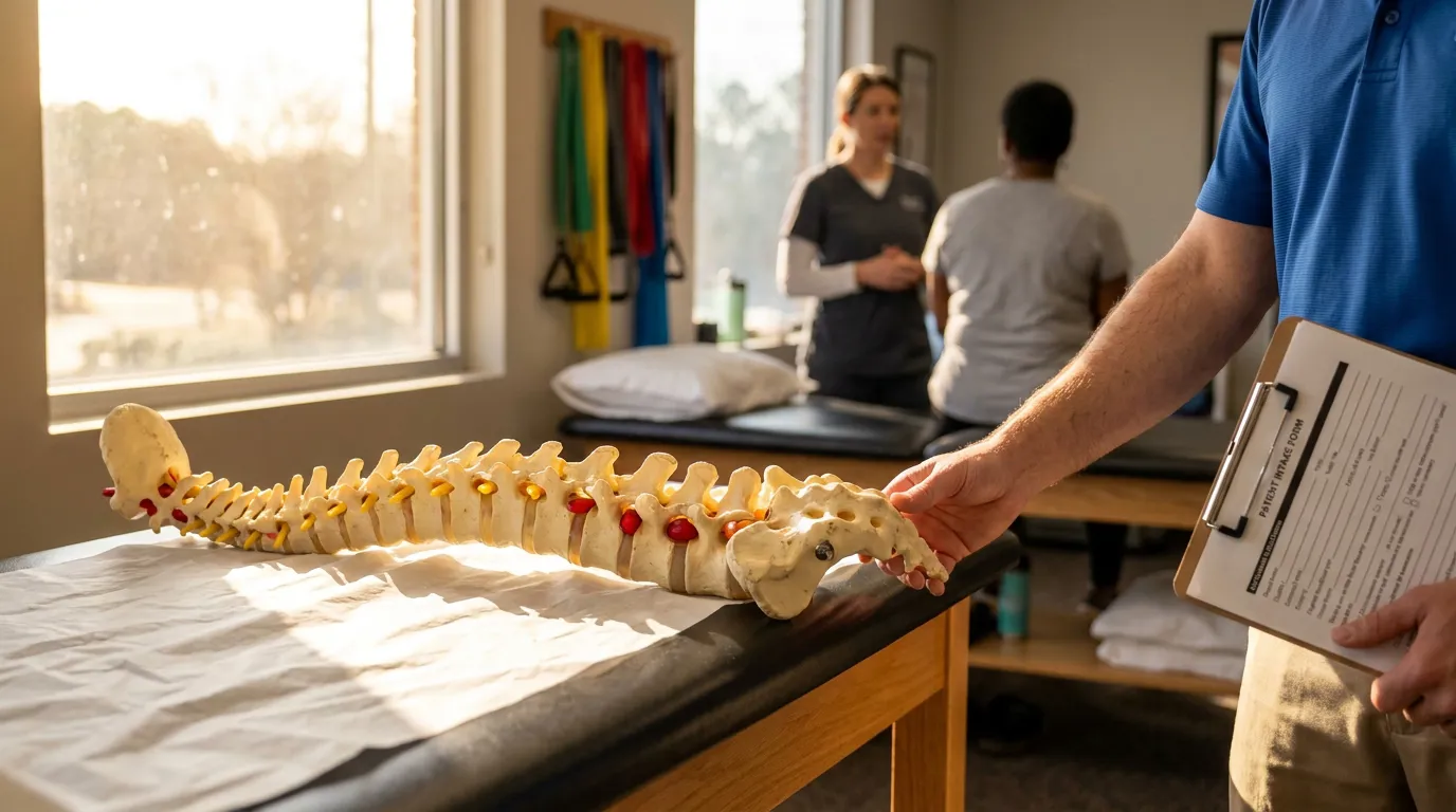 medical professional holding spinal model on exam table with patient intake form