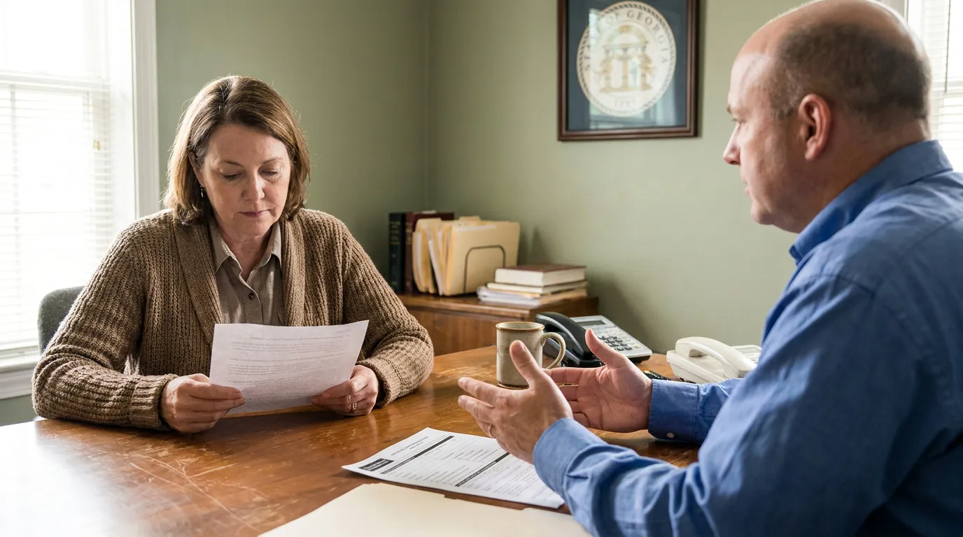 woman reviewing legal document across desk from man in office with Georgia state seal