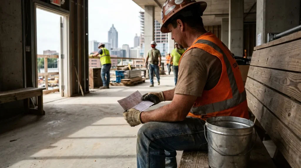 construction worker in hard hat and safety vest reviewing document on job site