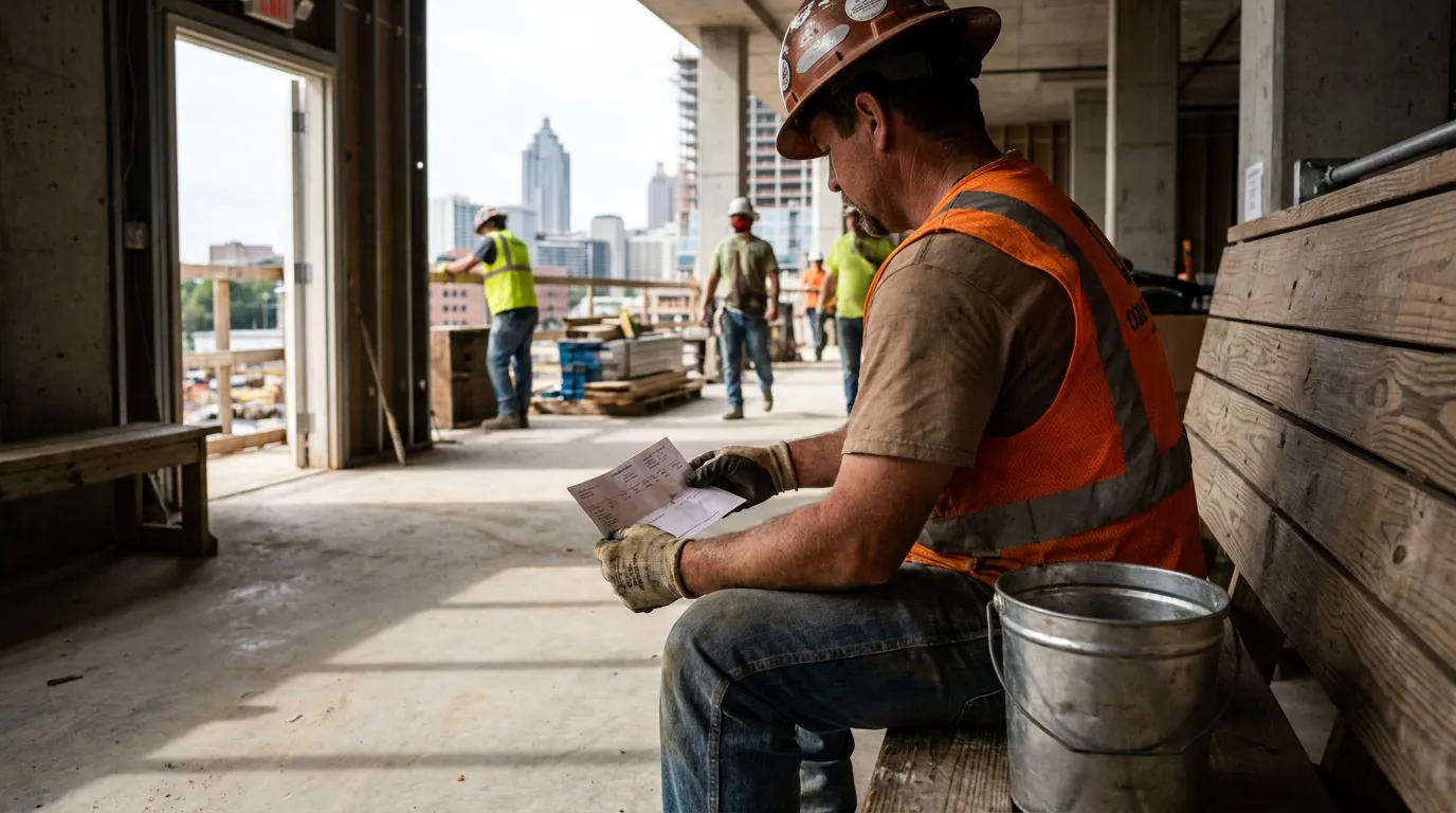 construction worker in hard hat and safety vest reviewing document on job site