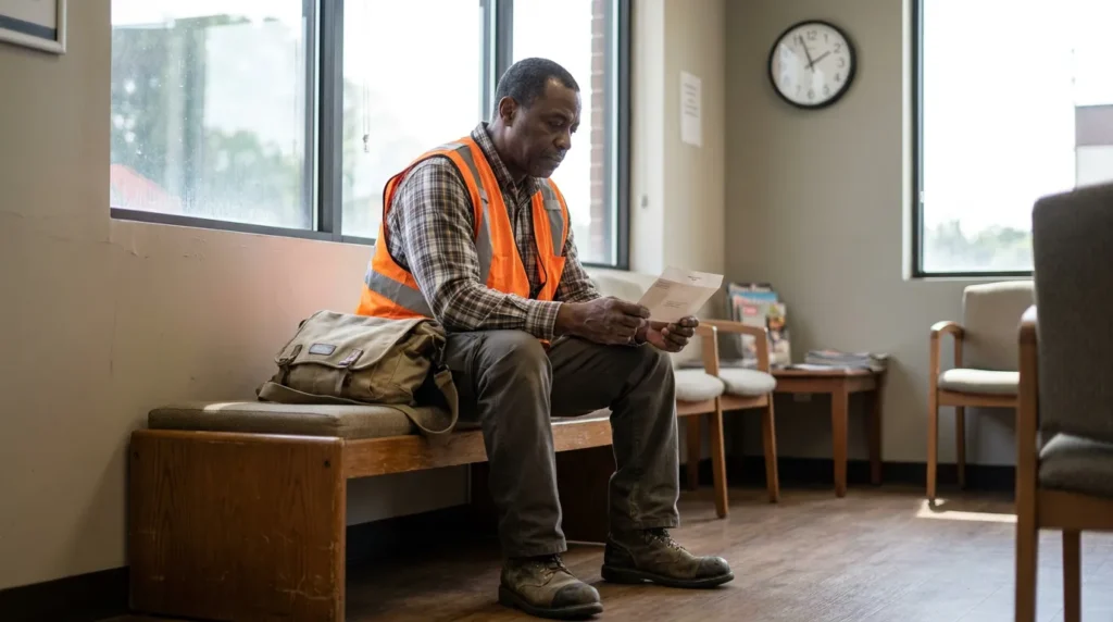 construction worker in safety vest reading document while seated in waiting room