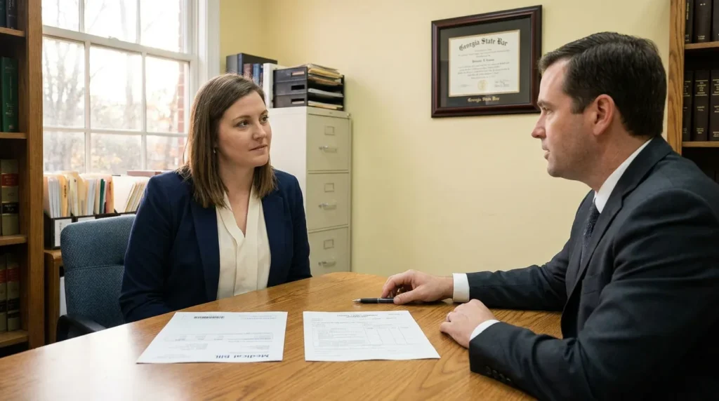 attorney meeting with client reviewing medical bill documents in law office