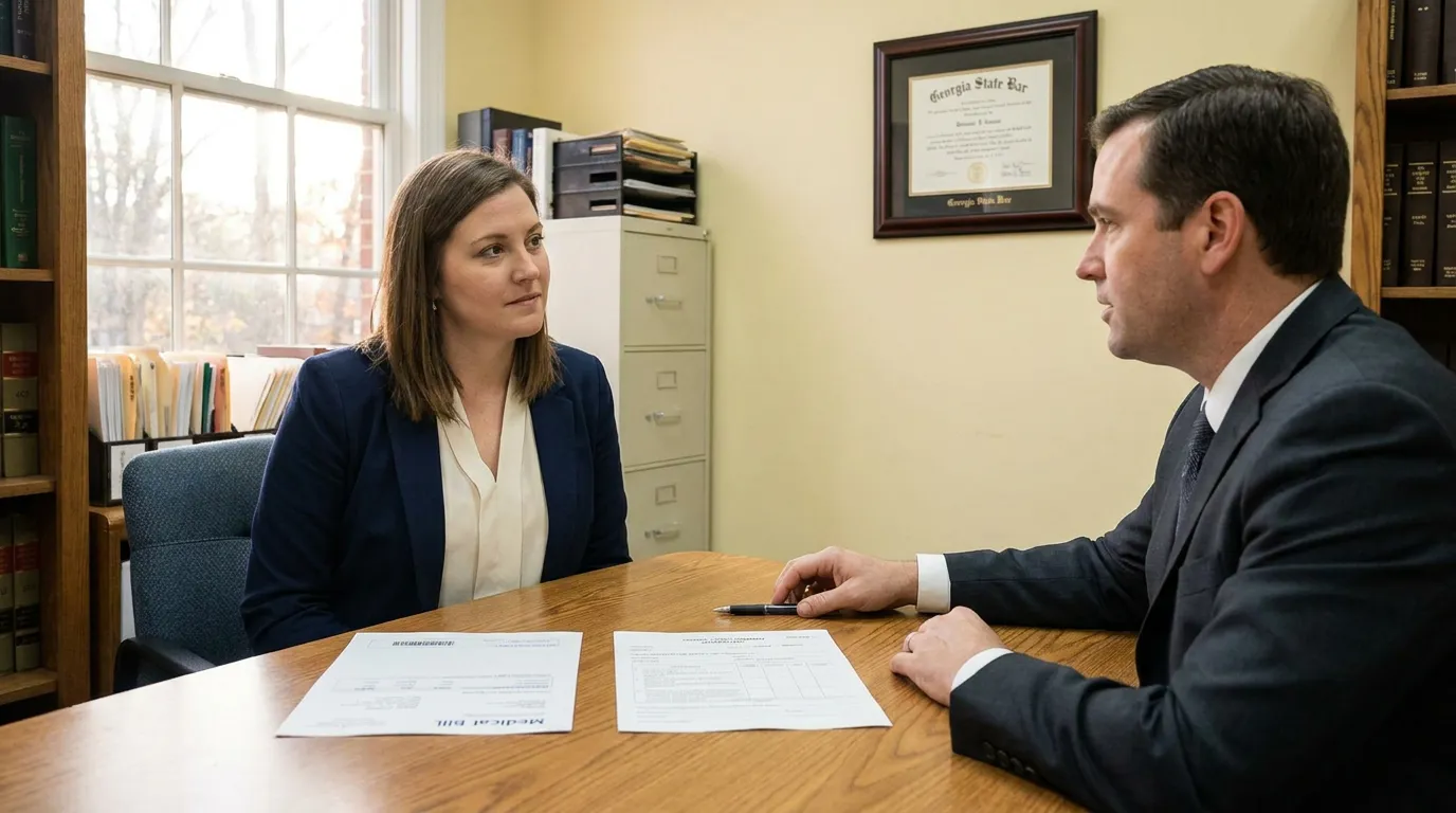 attorney meeting with client reviewing medical bill documents in law office