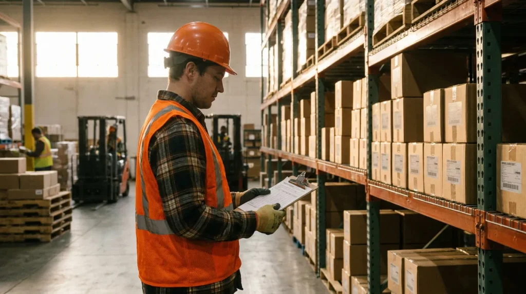 warehouse worker in hard hat and safety vest reviewing clipboard near shelved boxes