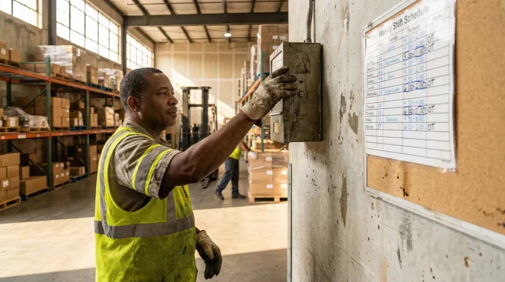 warehouse worker in safety vest reviewing weekly shift schedule posted on wall