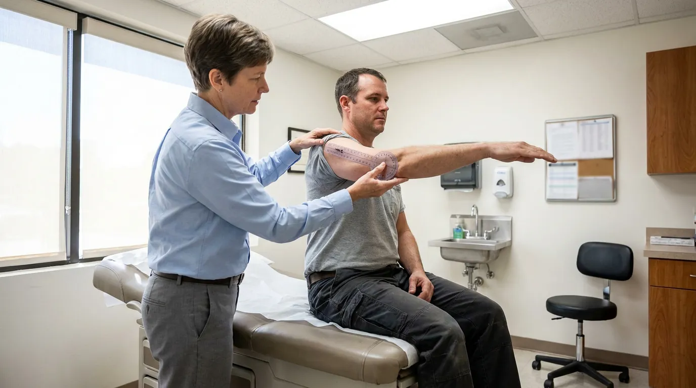 doctor using goniometer to measure patient shoulder range of motion in exam room