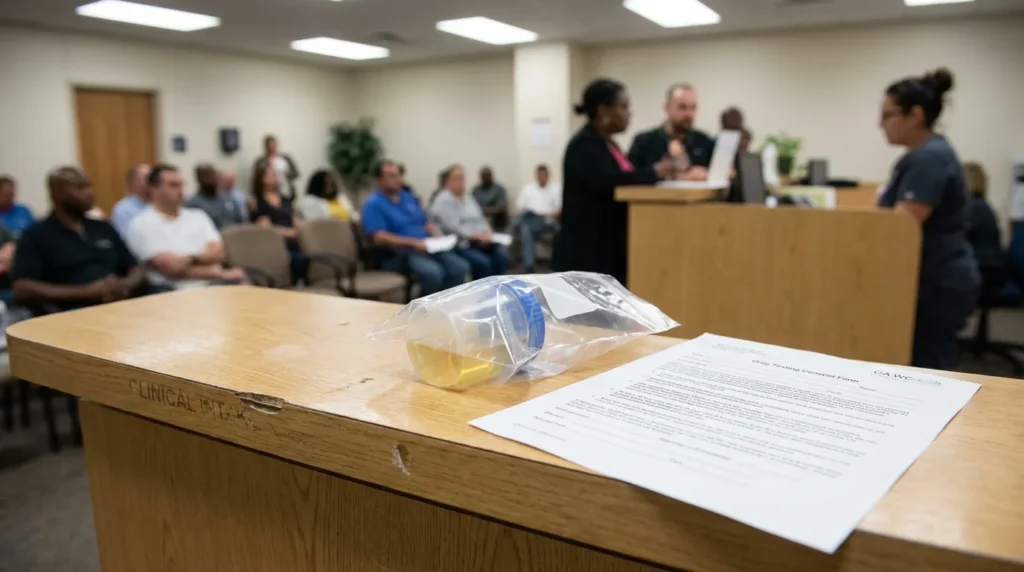 Clinical intake desk with urine specimen and drug testing consent form in hearing room
