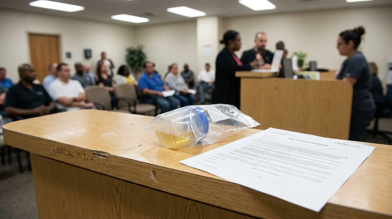 Clinical intake desk with urine specimen and drug testing consent form in hearing room