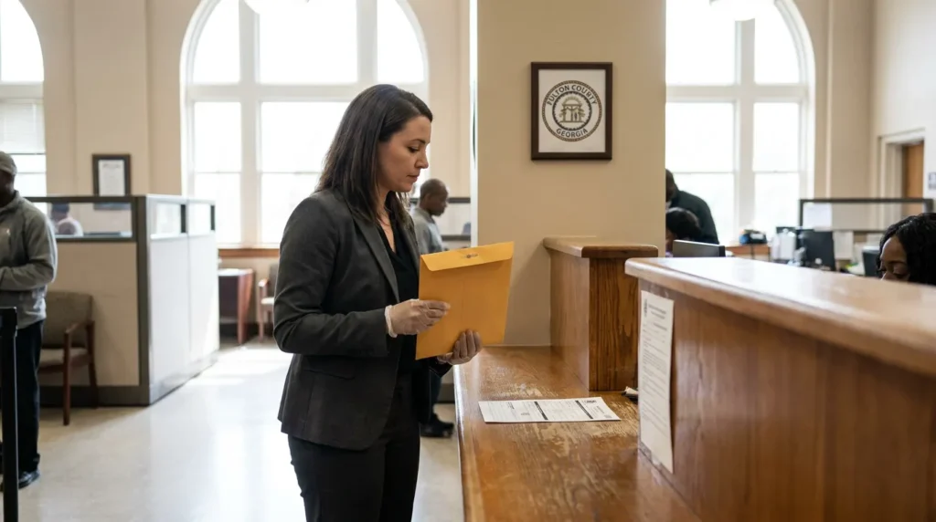 attorney holding manila envelope at Fulton County Georgia courthouse clerk counter