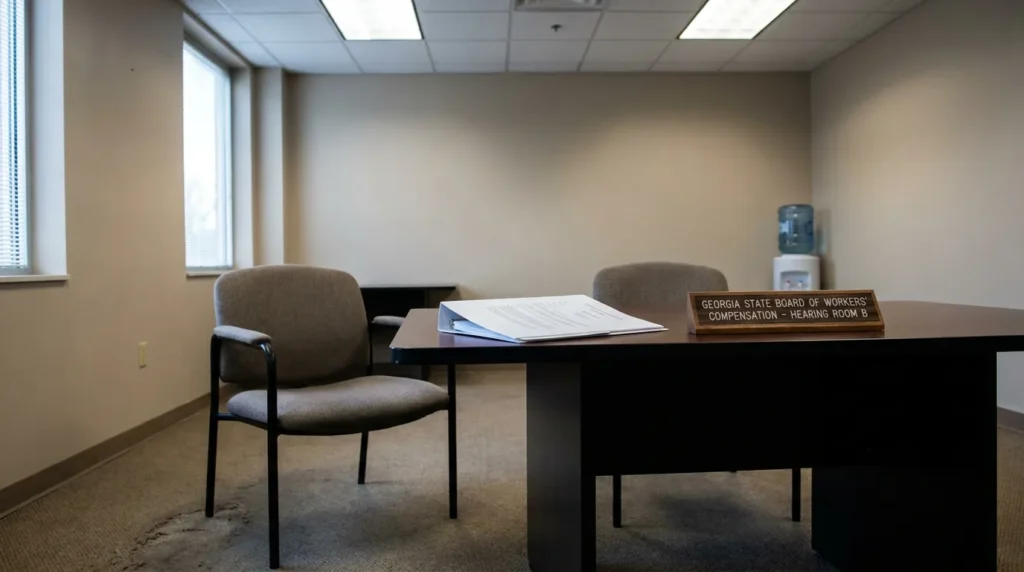 Georgia State Board of Workers' Compensation Hearing Room B with documents on desk