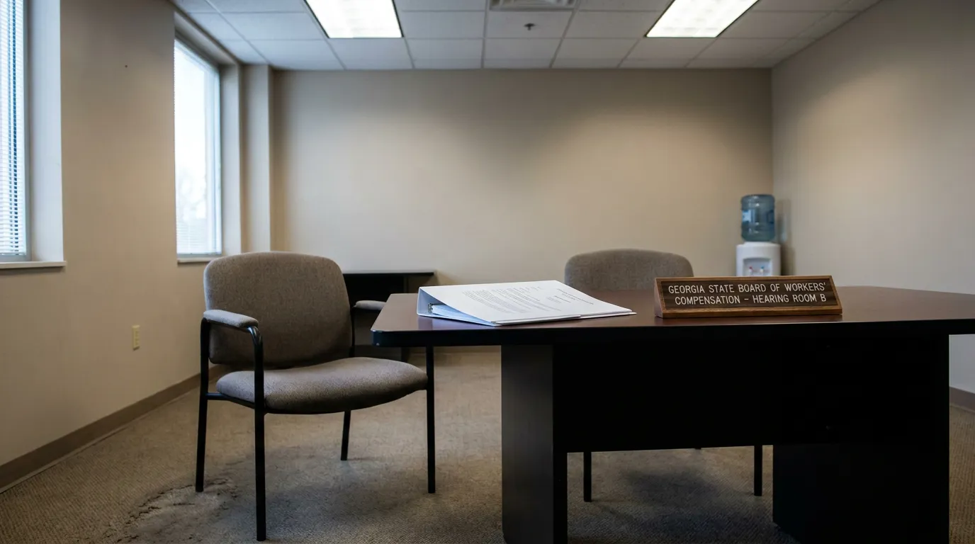 Georgia State Board of Workers' Compensation Hearing Room B with documents on desk